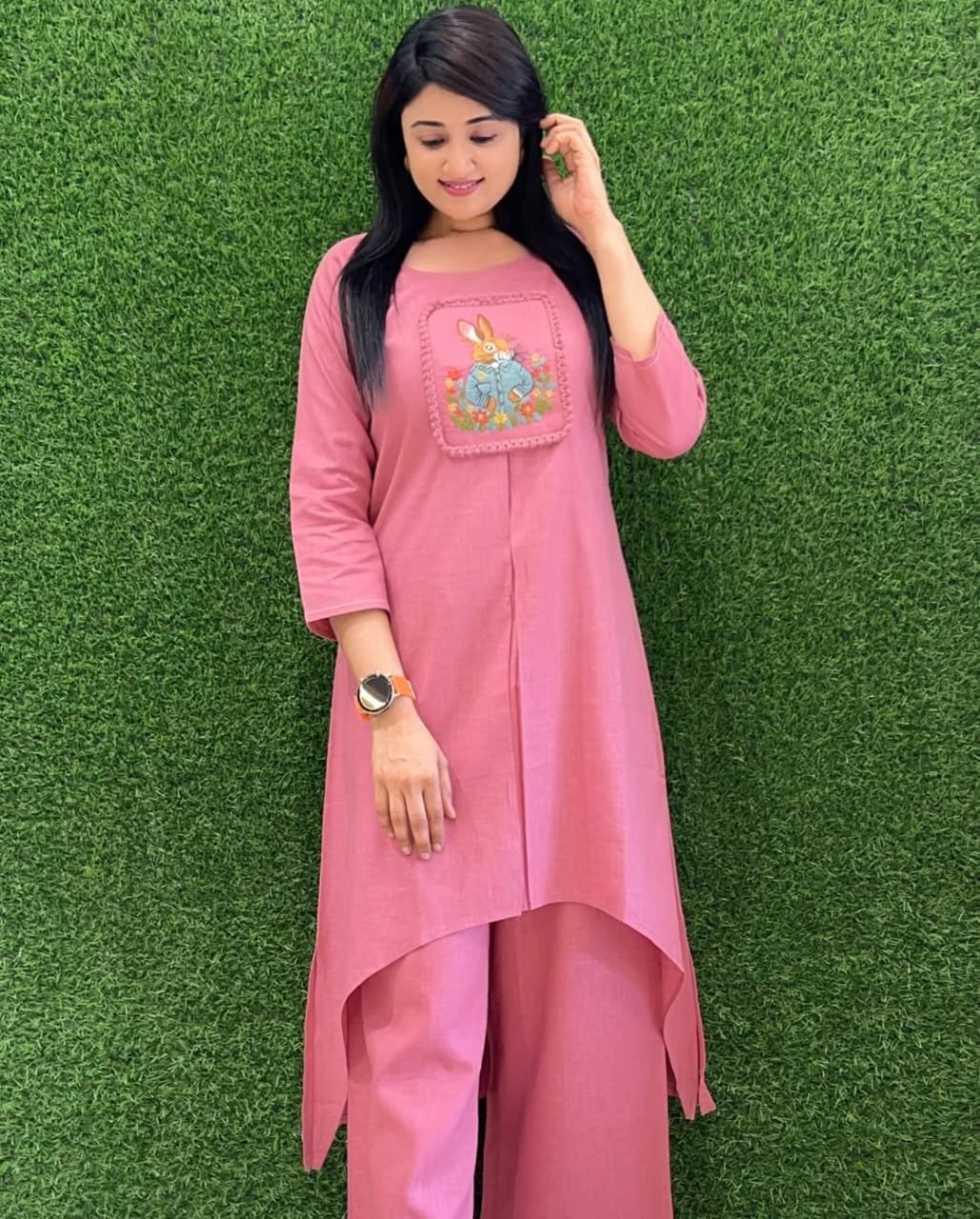 Pink Cotton Slub Embroidered Tunic Set